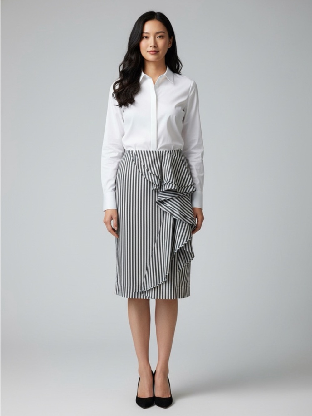 Banana Republic Black and White Striped Ruffle Midi Skirt